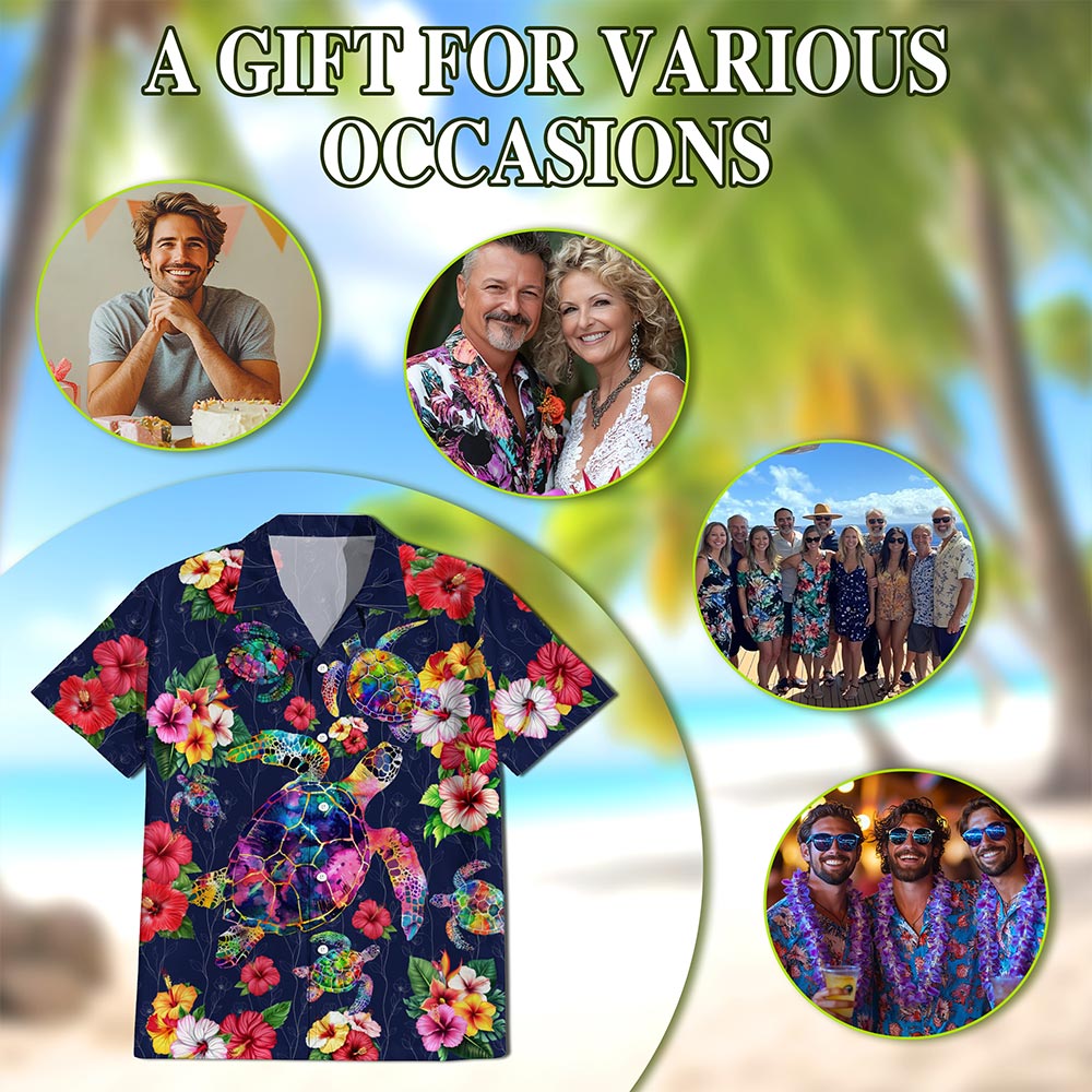 Colorful Turtle Floral Hawaiian Shirt for Men, Button Down Aloha Shirt - Azhawaiian