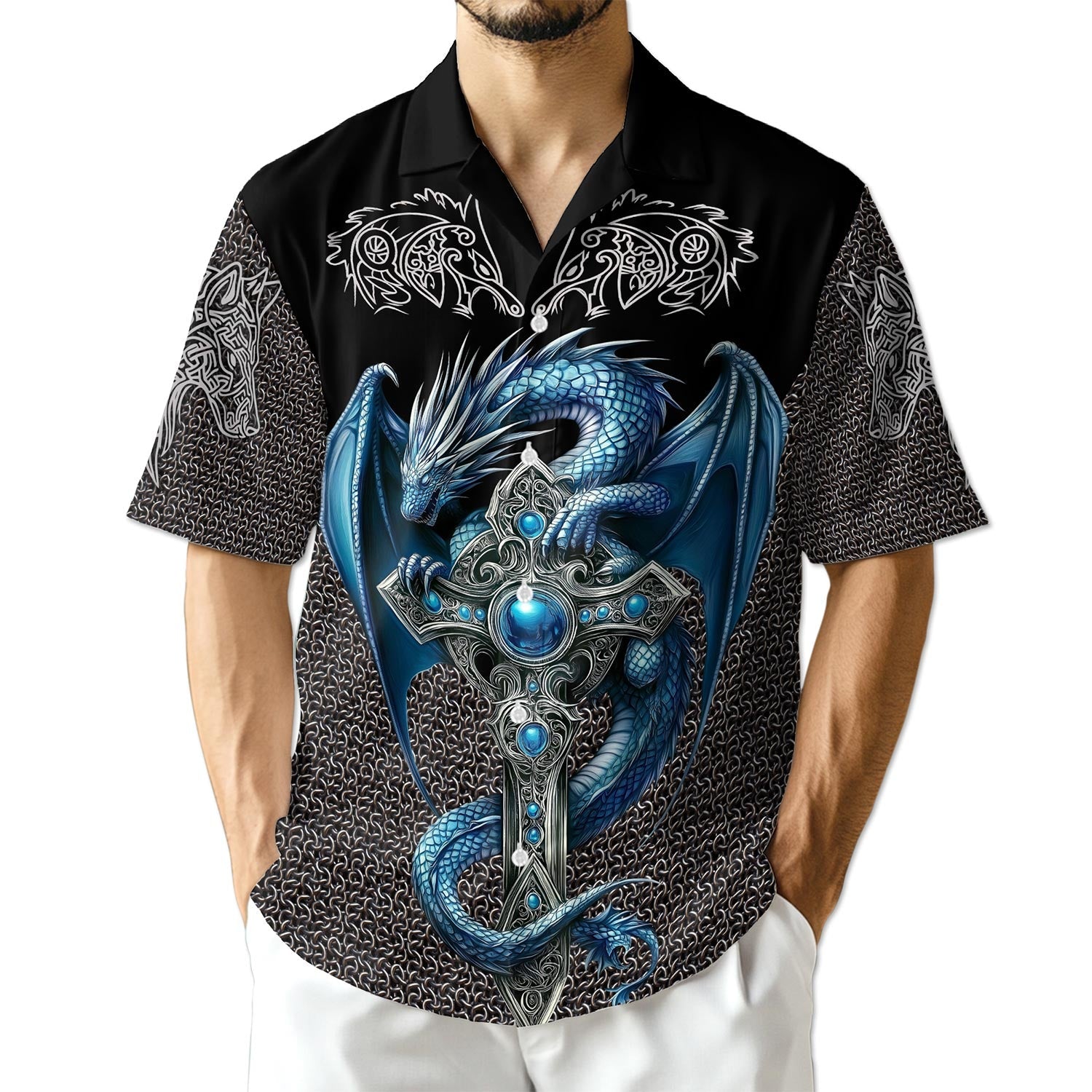Azhawaiian Cool Ice Dragon Mythical Creature Hawaiian Shirt for Men