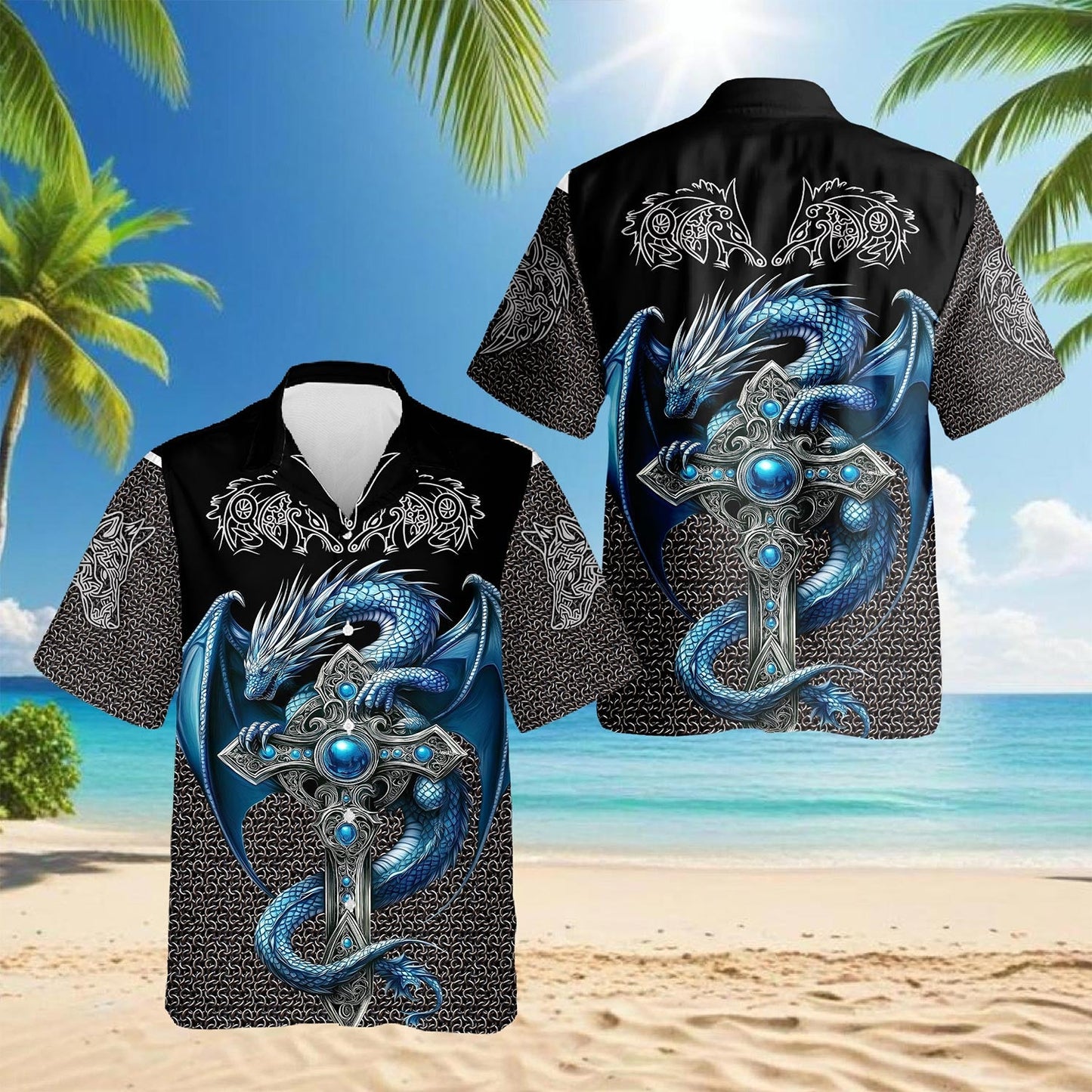 Cool Ice Dragon Mythical Creature Hawaiian Shirt for Men, Button Down Aloha Shirt - Azhawaiian