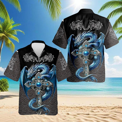 Cool Ice Dragon Mythical Creature Hawaiian Shirt for Men, Button Down Aloha Shirt - Azhawaiian
