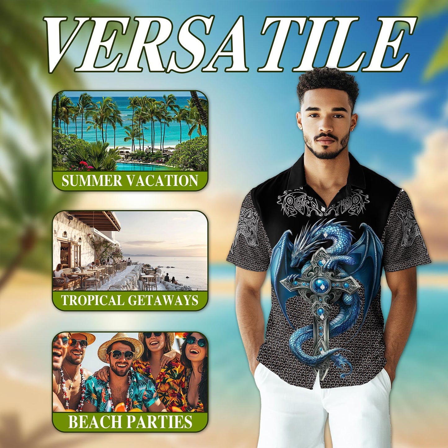 Cool Ice Dragon Mythical Creature Hawaiian Shirt for Men, Button Down Aloha Shirt - Azhawaiian