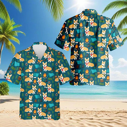 Corgi Camping Hawaiian Shirt for Men, Button Down Aloha Shirt - Azhawaiian