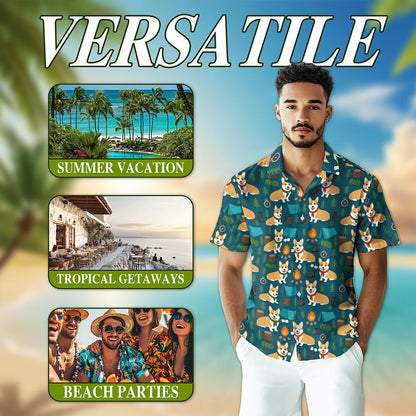 Corgi Camping Hawaiian Shirt for Men, Button Down Aloha Shirt - Azhawaiian