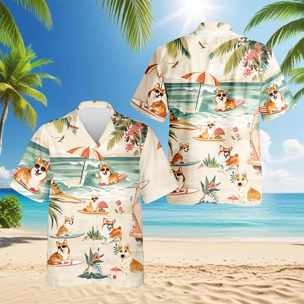 Corgi Summer Beach Hawaiian Shirt for Men, Button Down Aloha Shirt - Azhawaiian