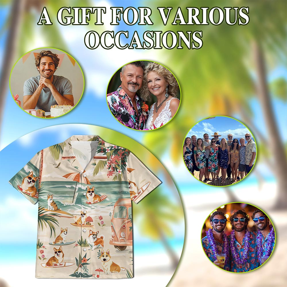 Corgi Summer Beach Hawaiian Shirt for Men, Button Down Aloha Shirt - Azhawaiian