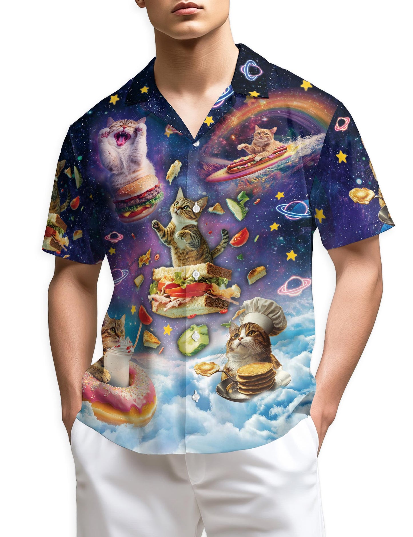 Azhawaiian Cosmic Cat Food Adventure Hawaiian Shirt for Men