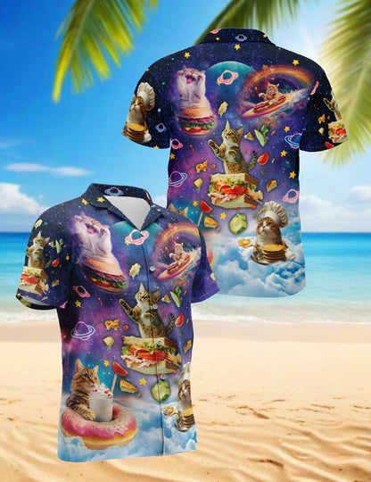 Cosmic Cat Food Adventure Hawaiian Shirt for Men, Button Down Aloha Shirt - Azhawaiian