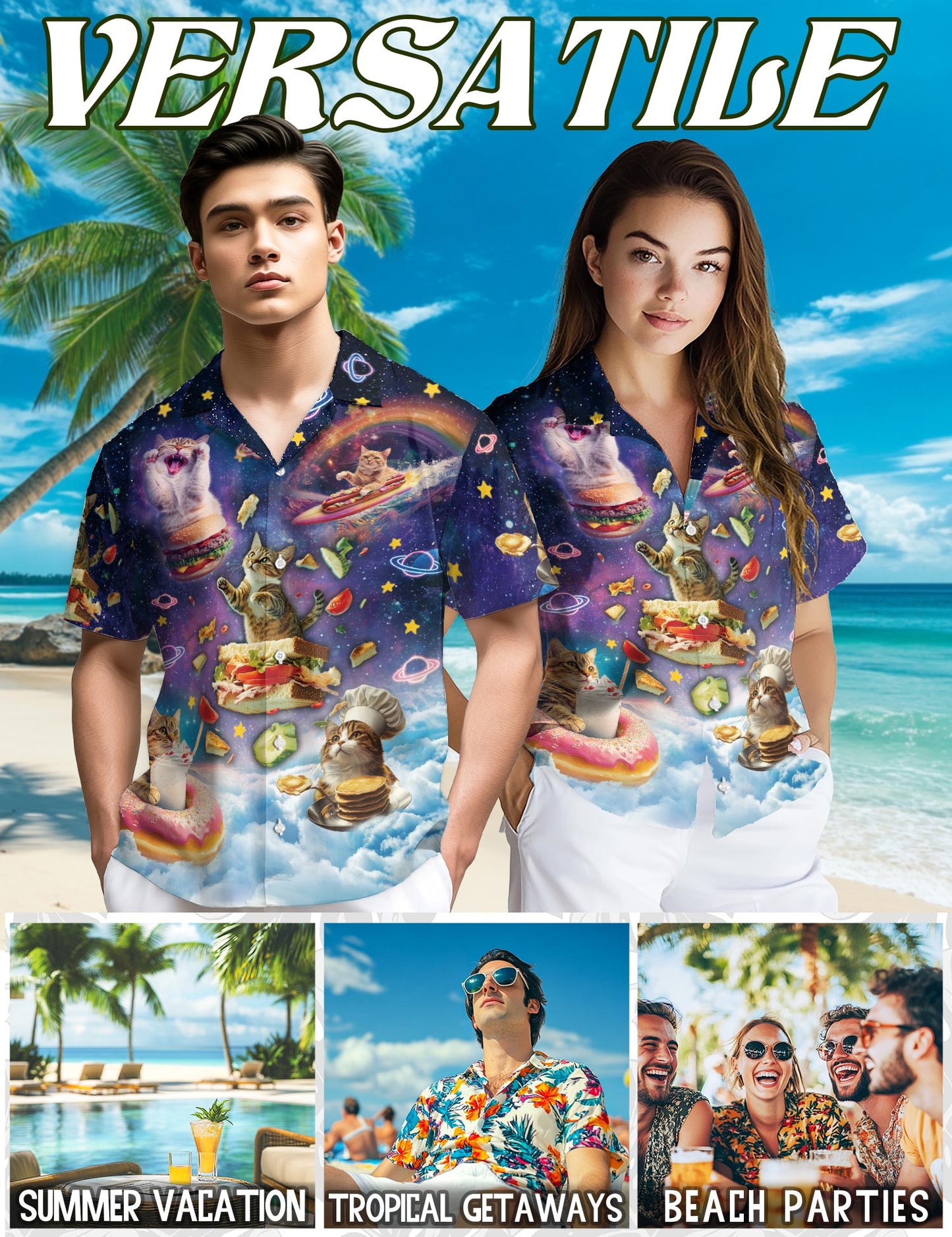 Cosmic Cat Food Adventure Hawaiian Shirt for Men, Button Down Aloha Shirt - Azhawaiian