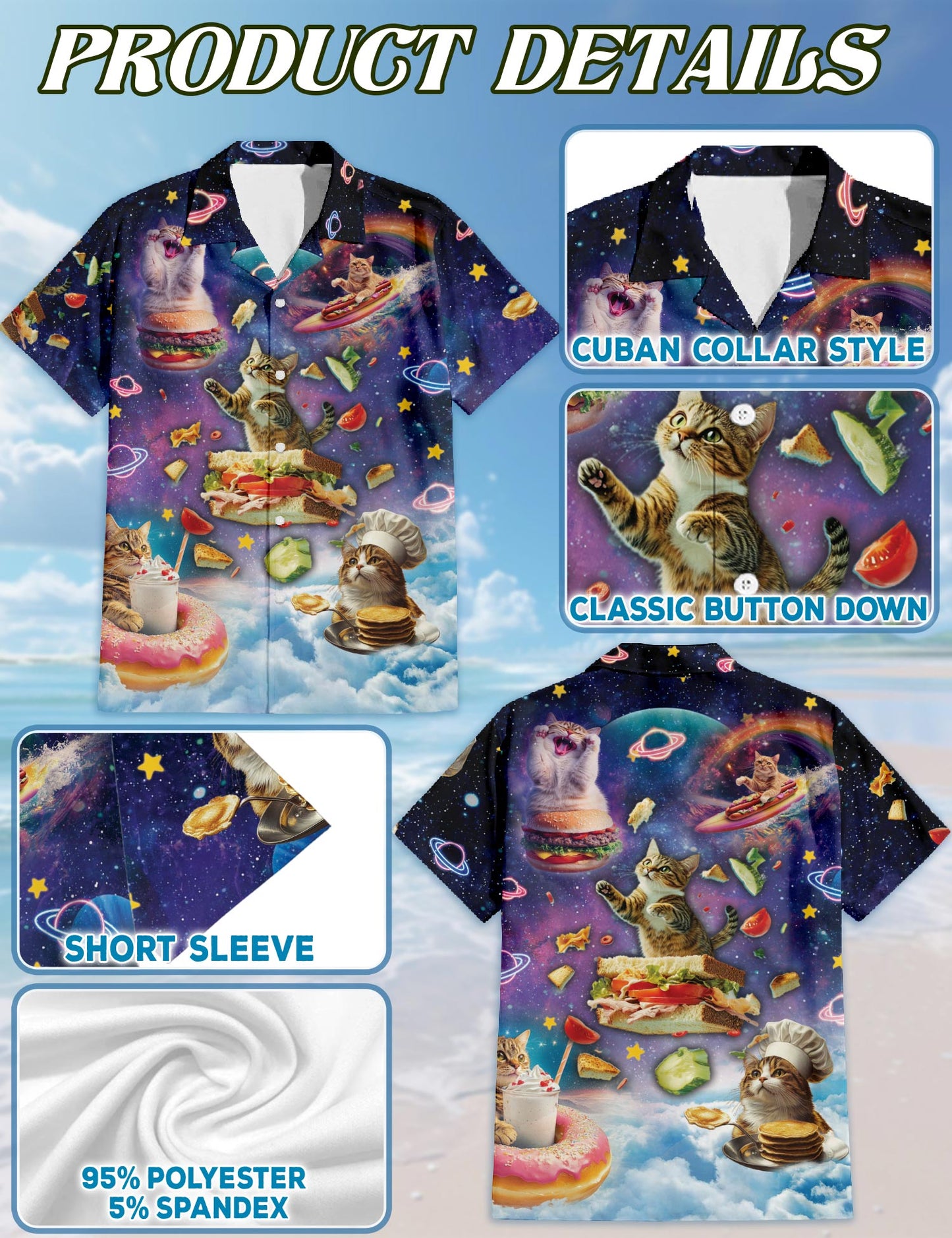 Cosmic Cat Food Adventure Hawaiian Shirt for Men, Button Down Aloha Shirt - Azhawaiian