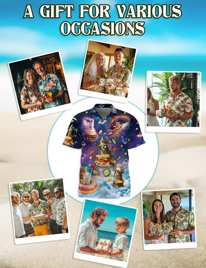 Cosmic Cat Food Adventure Hawaiian Shirt for Men, Button Down Aloha Shirt - Azhawaiian