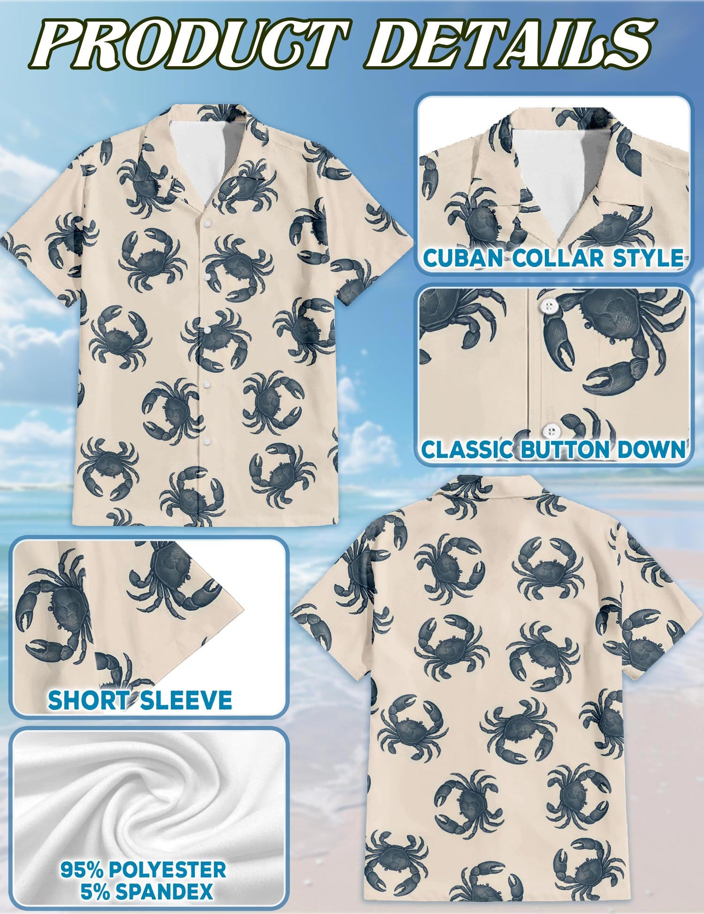 Crab Pattern Hawaiian Shirt for Men, Button Down Aloha Shirt - Azhawaiian