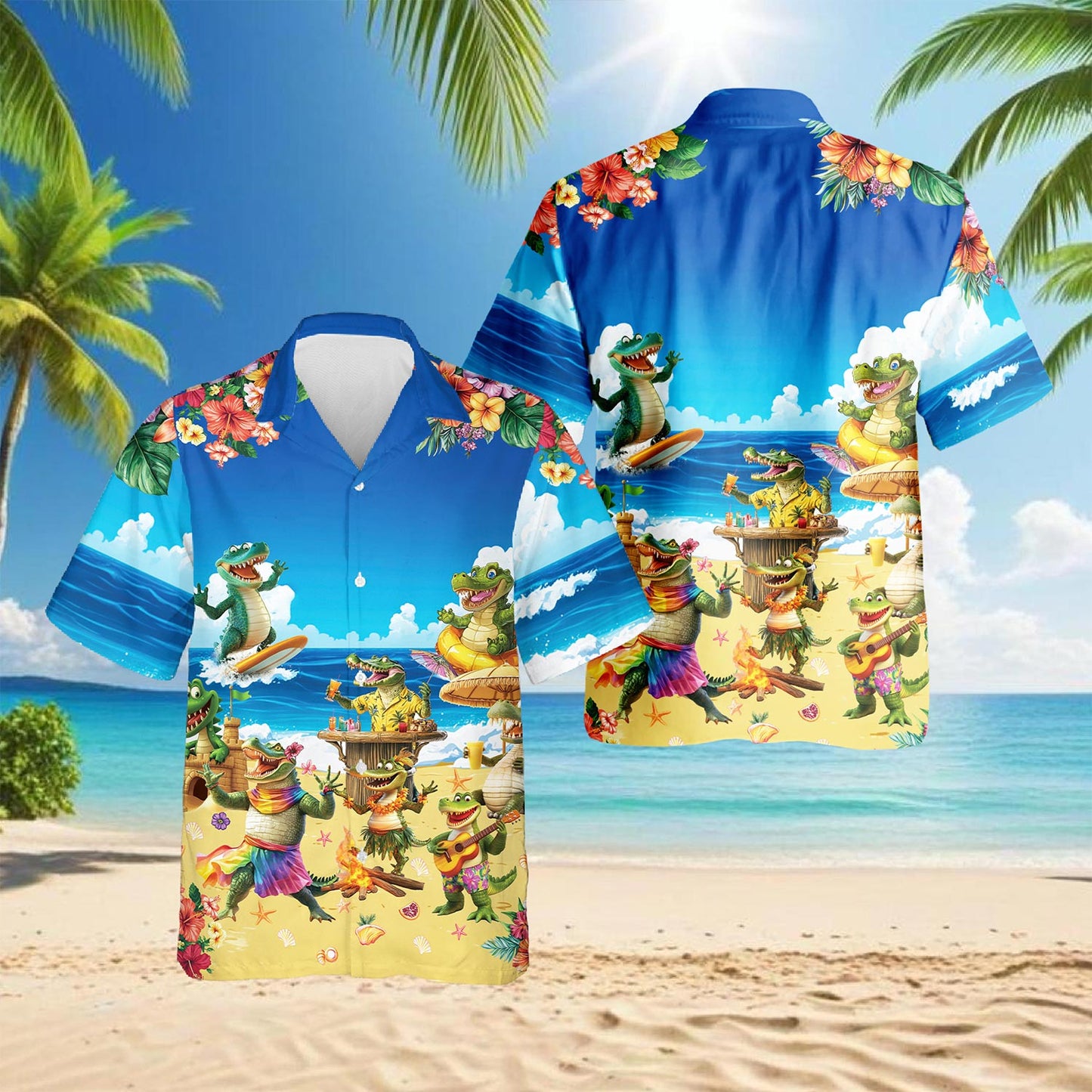 Crocodile On The Beach Hawaiian Shirt for Men, Button Down Aloha Shirt - Azhawaiian