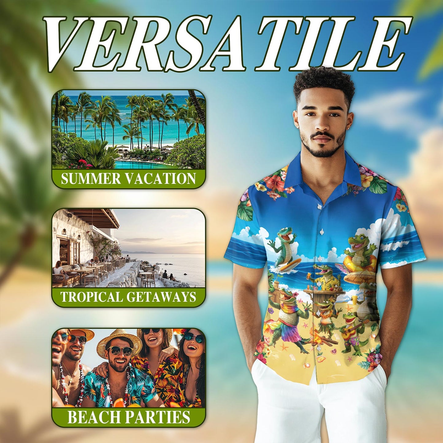 Crocodile On The Beach Hawaiian Shirt for Men, Button Down Aloha Shirt - Azhawaiian