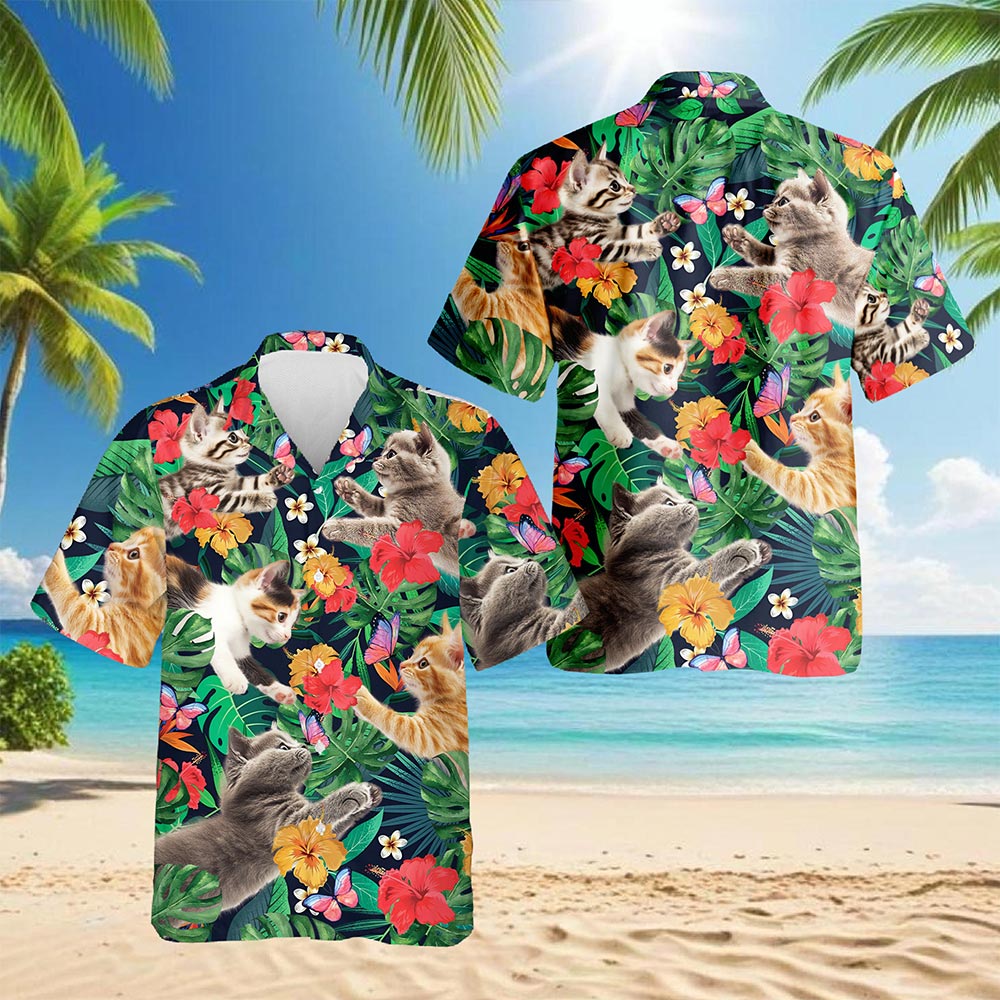 Cute Kitten Hawaiian Shirt for Men, Button Down Aloha Shirt - Azhawaiian