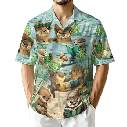 Azhawaiian Cute Otter Reading Book Hawaiian Shirt for Men