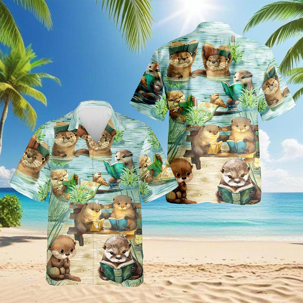 Cute Otter Reading Book Hawaiian Shirt for Men, Button Down Aloha Shirt - Azhawaiian