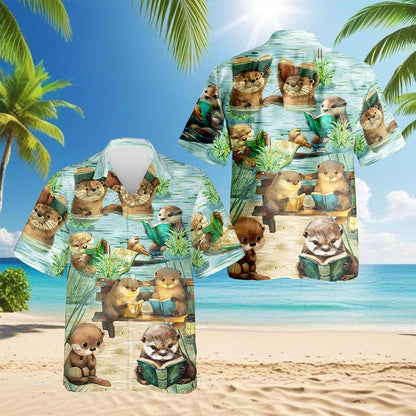 Cute Otter Reading Book Hawaiian Shirt for Men, Button Down Aloha Shirt - Azhawaiian