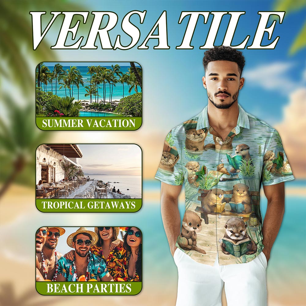 Cute Otter Reading Book Hawaiian Shirt for Men, Button Down Aloha Shirt - Azhawaiian