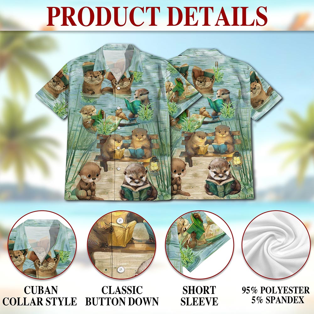 Cute Otter Reading Book Hawaiian Shirt for Men, Button Down Aloha Shirt - Azhawaiian