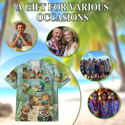 Cute Otter Reading Book Hawaiian Shirt for Men, Button Down Aloha Shirt - Azhawaiian