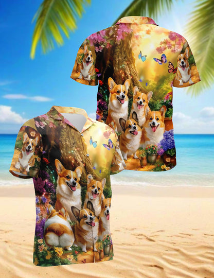 Cute Sunshine Corgi Dog Hawaiian Shirt for Men, Button Down Aloha Shirt - Azhawaiian