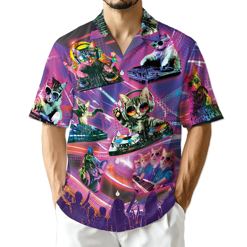 Azhawaiian DJ Cat Cool Neon Hawaiian Shirt for Men