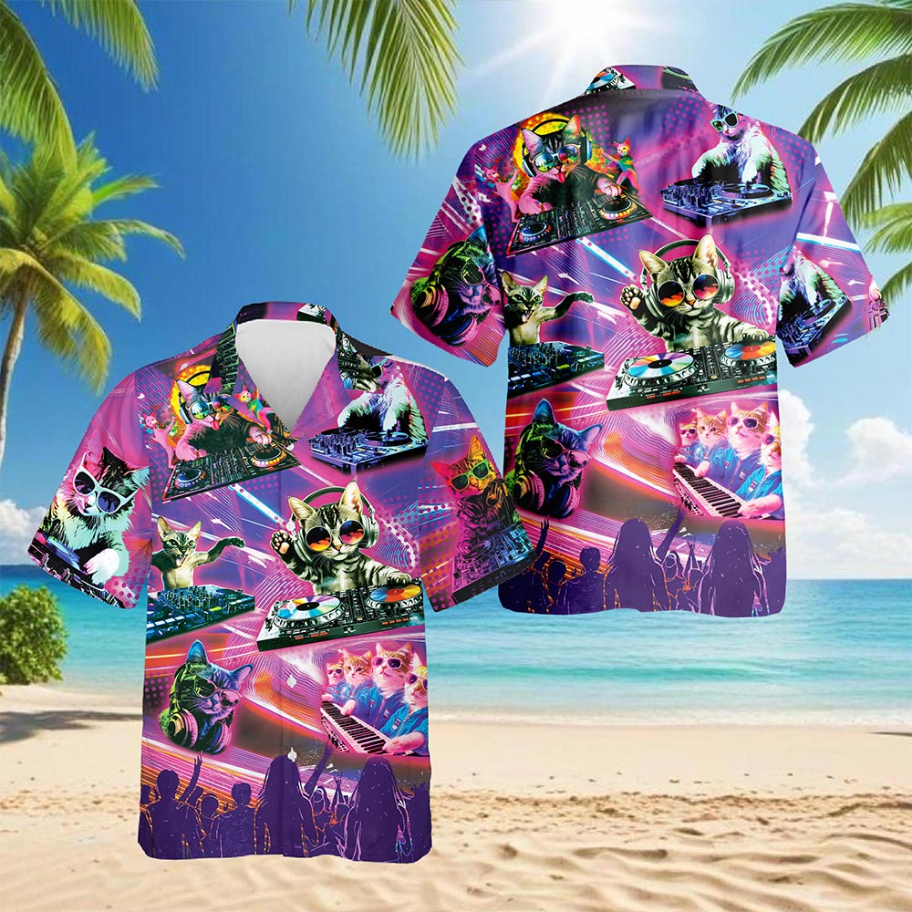 DJ Cat Cool Neon Hawaiian Shirt for Men, Button Down Aloha Shirt - Azhawaiian