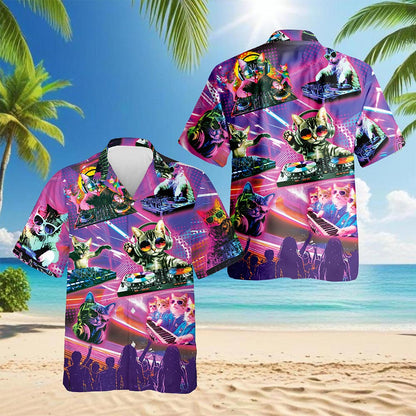 DJ Cat Cool Neon Hawaiian Shirt for Men, Button Down Aloha Shirt - Azhawaiian