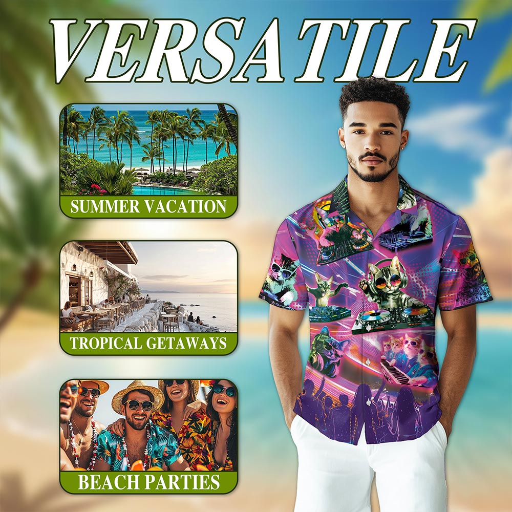 DJ Cat Cool Neon Hawaiian Shirt for Men, Button Down Aloha Shirt - Azhawaiian