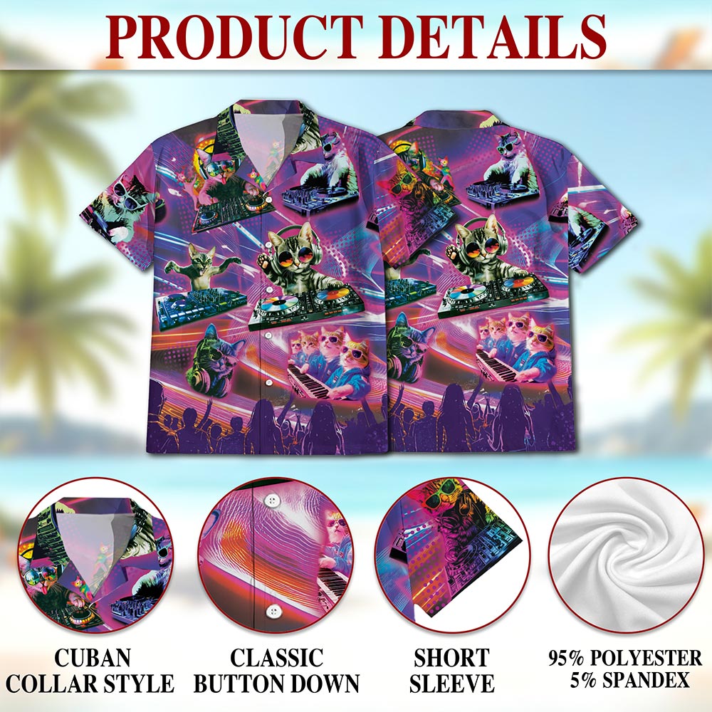 DJ Cat Cool Neon Hawaiian Shirt for Men, Button Down Aloha Shirt - Azhawaiian