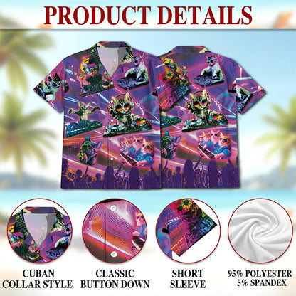 DJ Cat Cool Neon Hawaiian Shirt for Men, Button Down Aloha Shirt - Azhawaiian