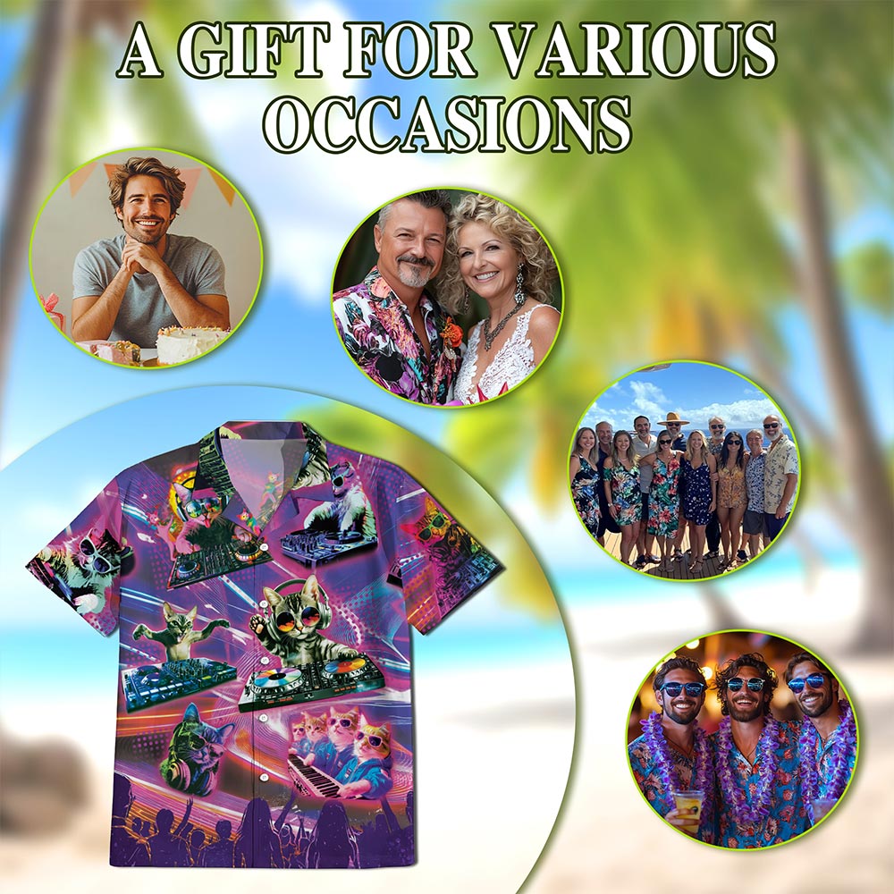 DJ Cat Cool Neon Hawaiian Shirt for Men, Button Down Aloha Shirt - Azhawaiian