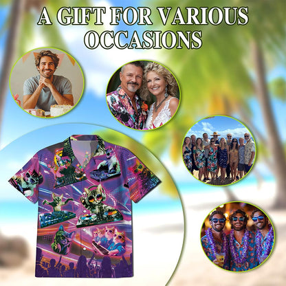 DJ Cat Cool Neon Hawaiian Shirt for Men, Button Down Aloha Shirt - Azhawaiian