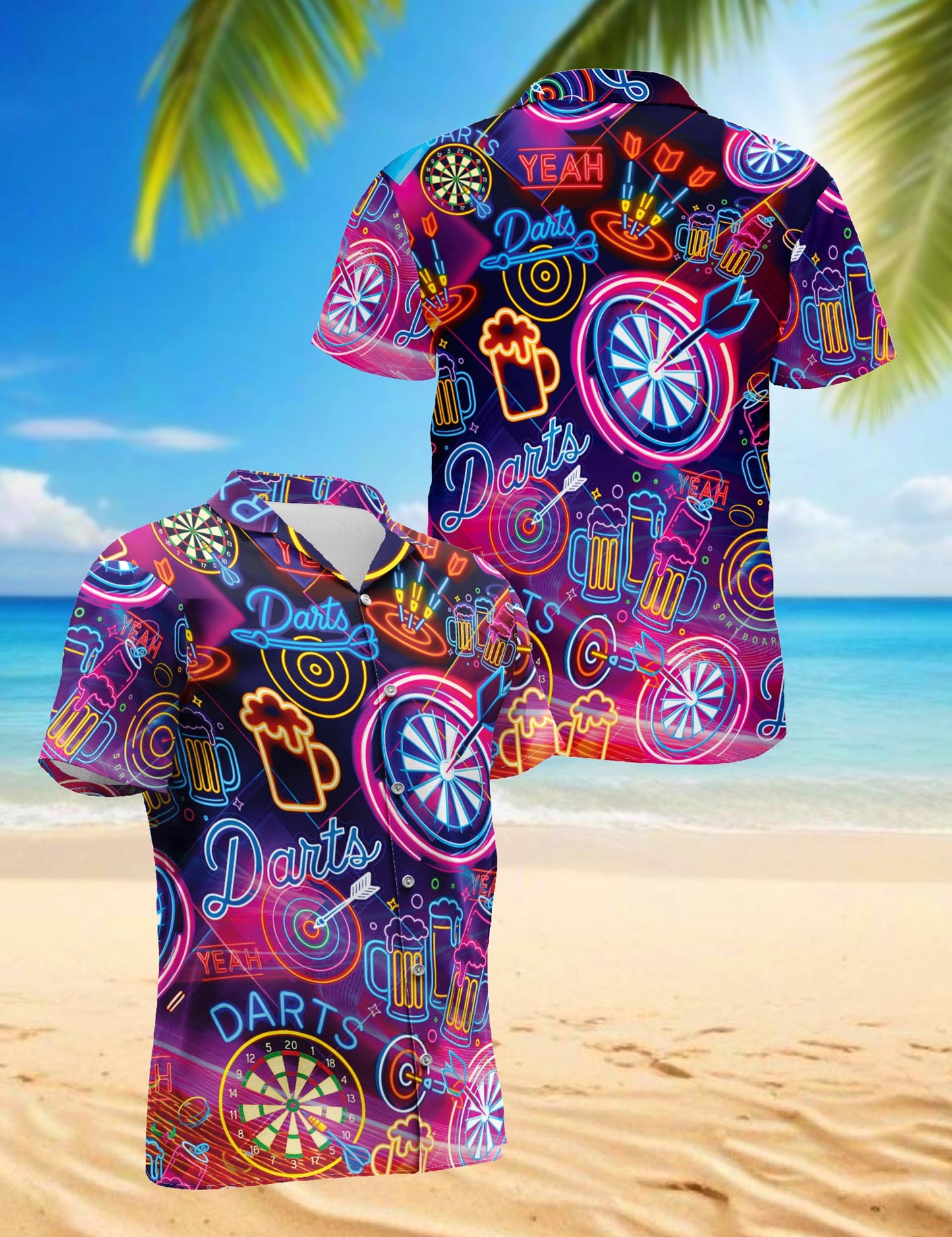 Darts Beer Neon Hawaiian Shirt for Men, Button Down Aloha Shirt - Azhawaiian