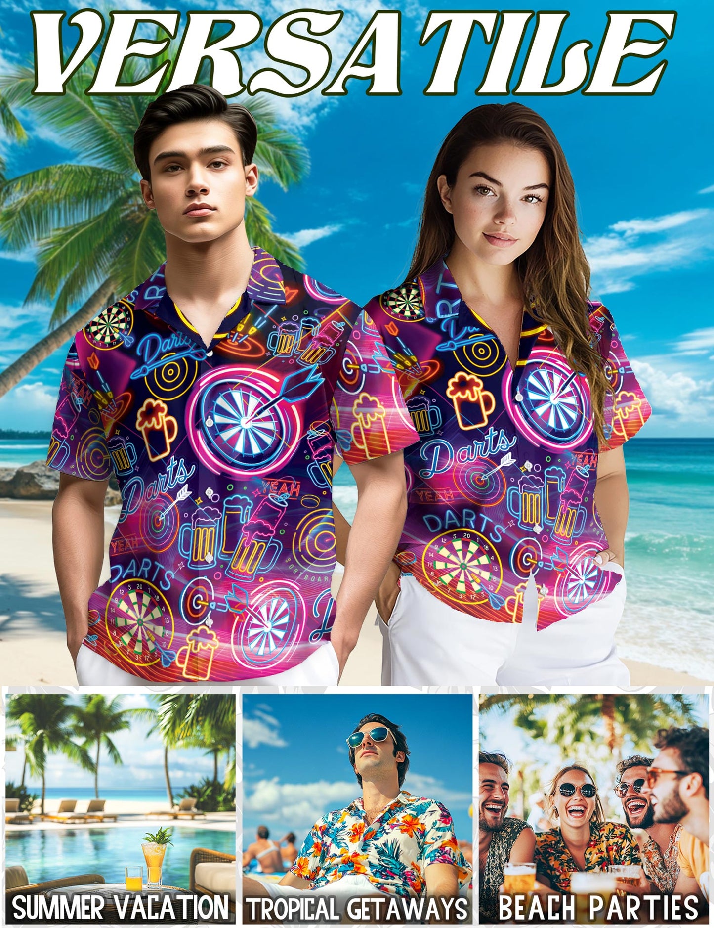 Darts Beer Neon Hawaiian Shirt for Men, Button Down Aloha Shirt - Azhawaiian