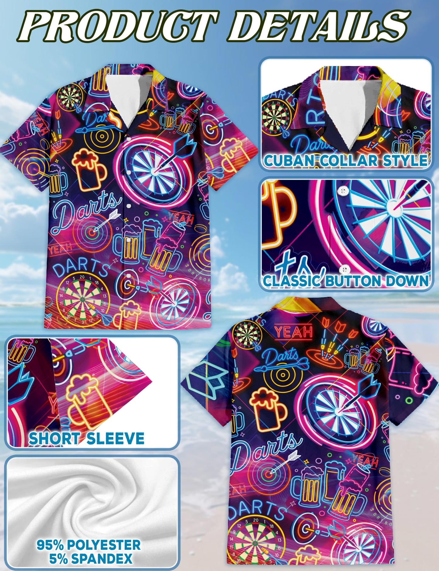 Darts Beer Neon Hawaiian Shirt for Men, Button Down Aloha Shirt - Azhawaiian