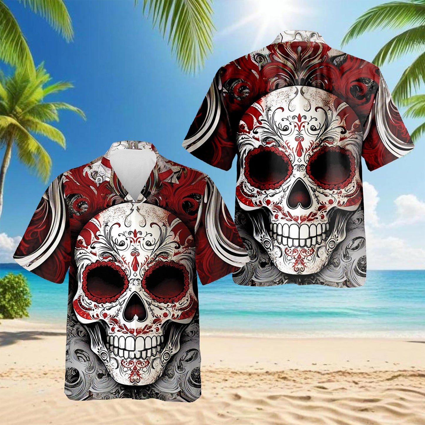 Day Of Dead Red Sugar Skull Hawaiian Shirt for Men, Button Down Aloha Shirt - Azhawaiian