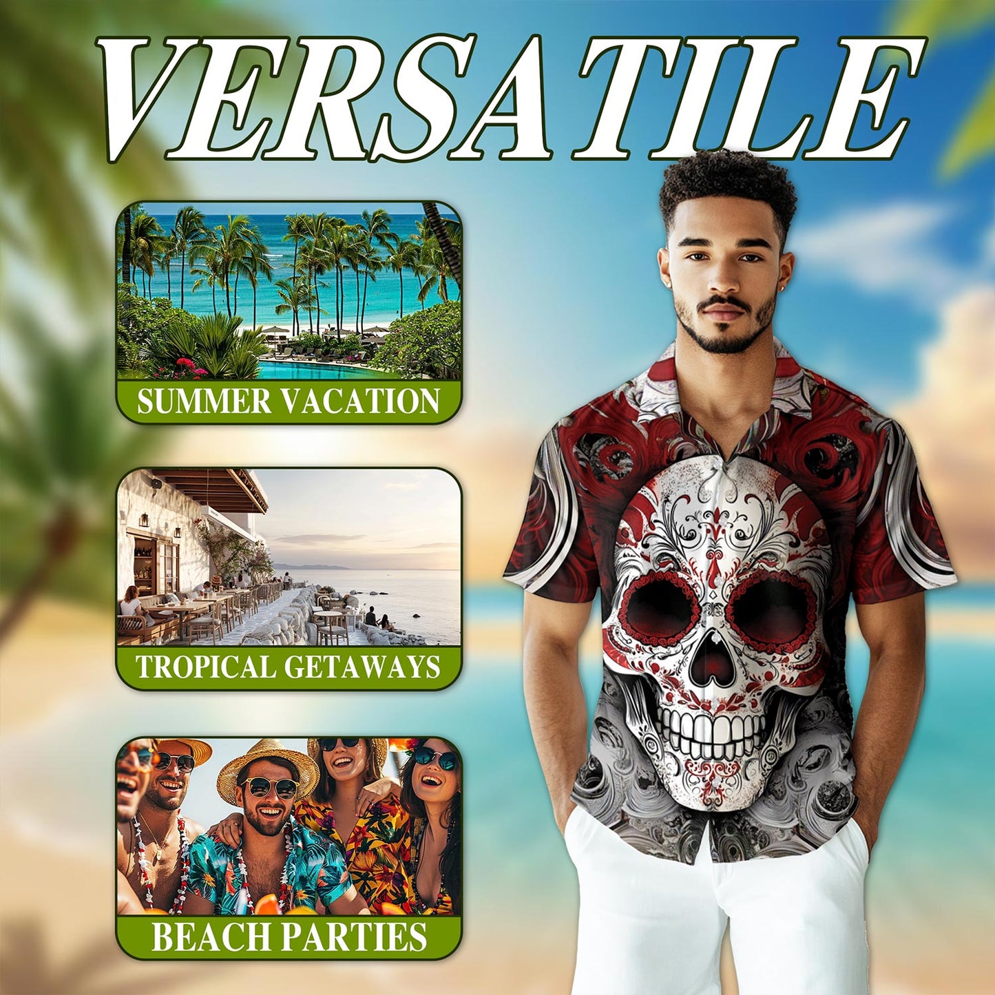 Day Of Dead Red Sugar Skull Hawaiian Shirt for Men, Button Down Aloha Shirt - Azhawaiian