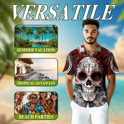 Day Of Dead Red Sugar Skull Hawaiian Shirt for Men, Button Down Aloha Shirt - Azhawaiian
