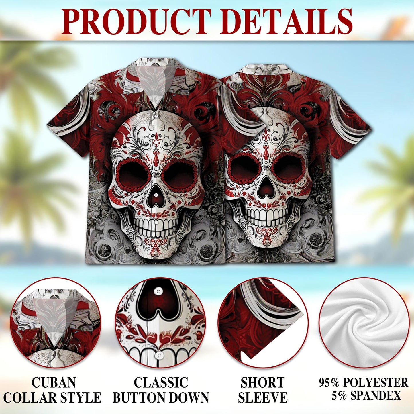 Day Of Dead Red Sugar Skull Hawaiian Shirt for Men, Button Down Aloha Shirt - Azhawaiian