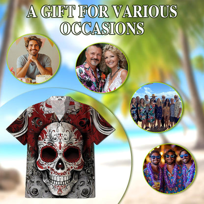 Day Of Dead Red Sugar Skull Hawaiian Shirt for Men, Button Down Aloha Shirt - Azhawaiian
