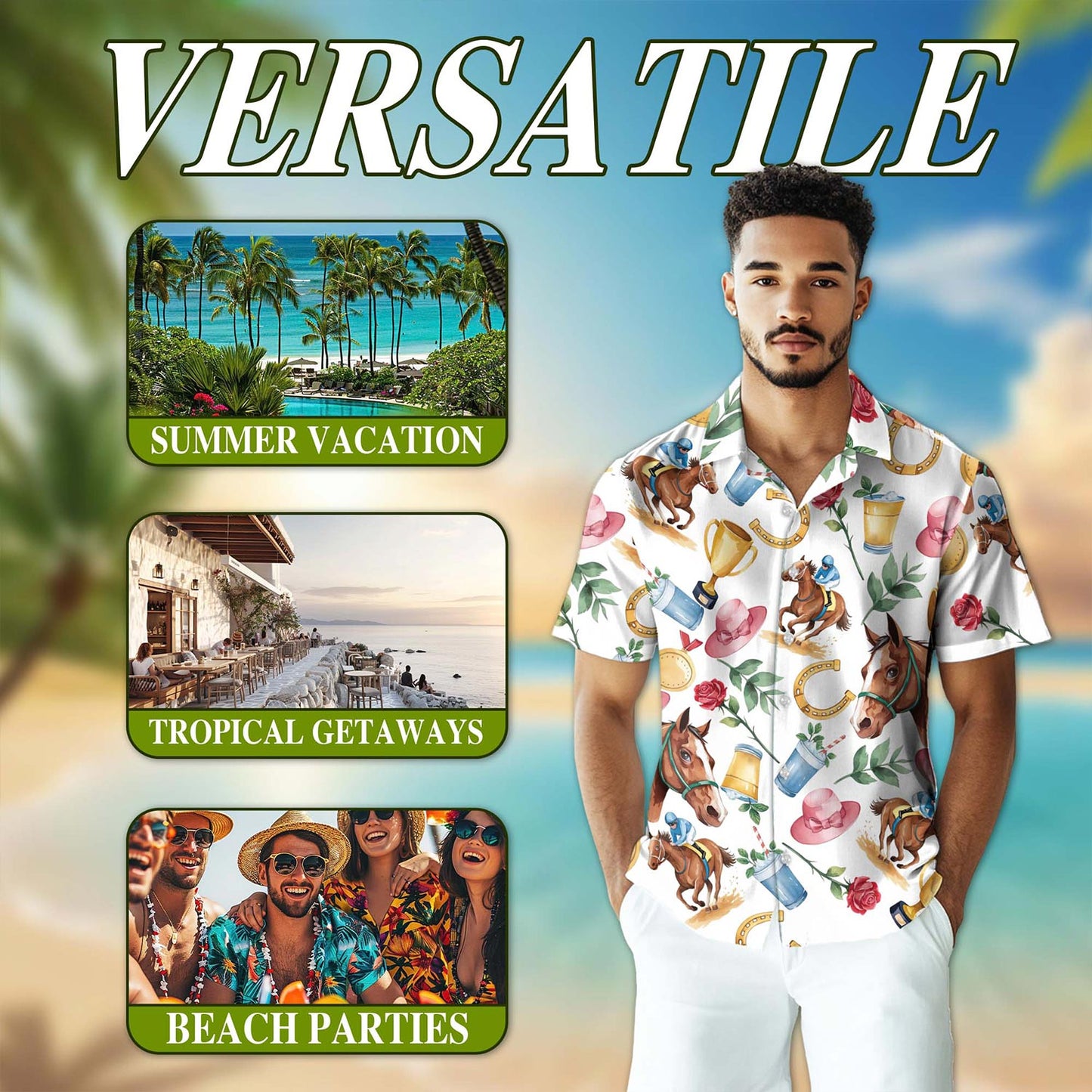 Derby Horse Hawaiian Shirt for Men, Button Down Aloha Shirt - Azhawaiian