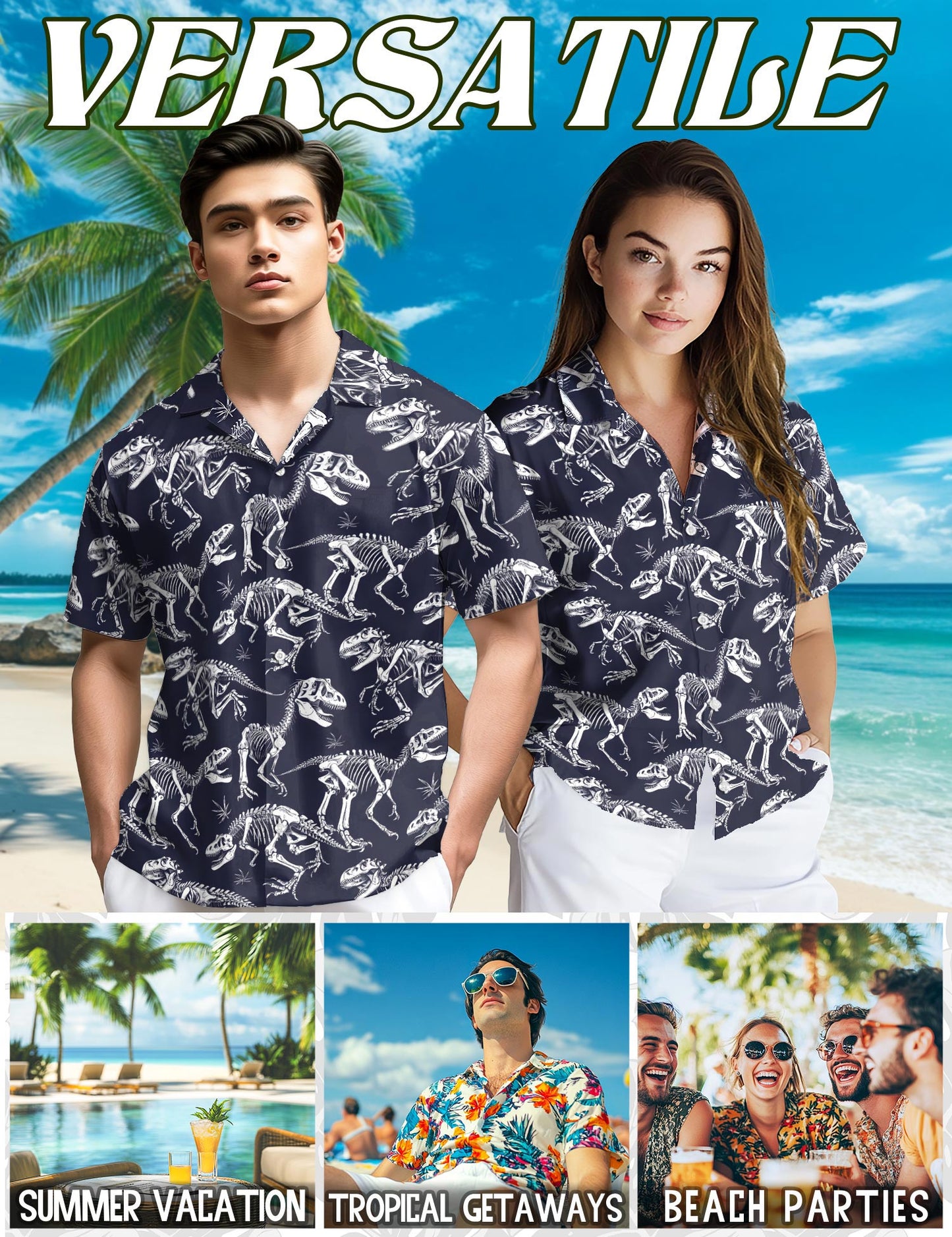 Dinosaur Skeleton Hawaiian Shirt for Men, Button Down Aloha Shirt - Azhawaiian