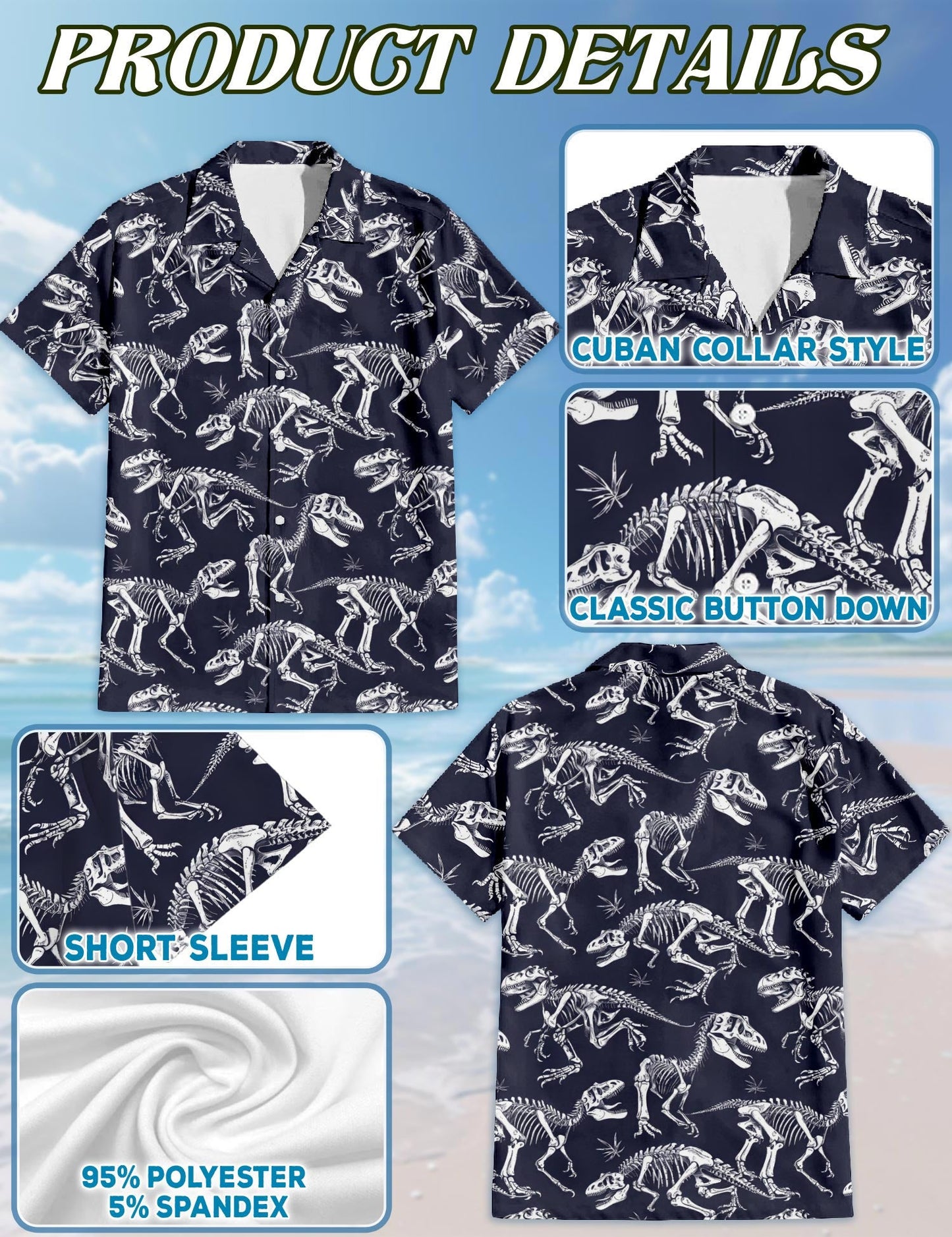 Dinosaur Skeleton Hawaiian Shirt for Men, Button Down Aloha Shirt - Azhawaiian