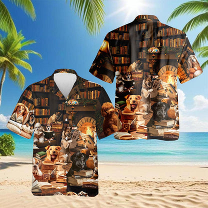 Dog Reading Book Hawaiian Shirt for Men, Button Down Aloha Shirt - Azhawaiian
