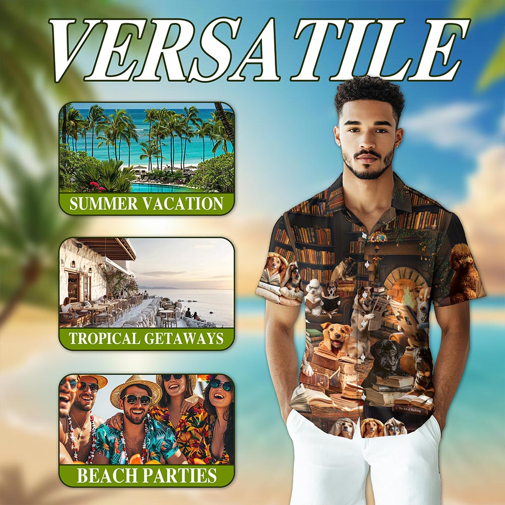 Dog Reading Book Hawaiian Shirt for Men, Button Down Aloha Shirt - Azhawaiian