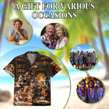 Dog Reading Book Hawaiian Shirt for Men, Button Down Aloha Shirt - Azhawaiian