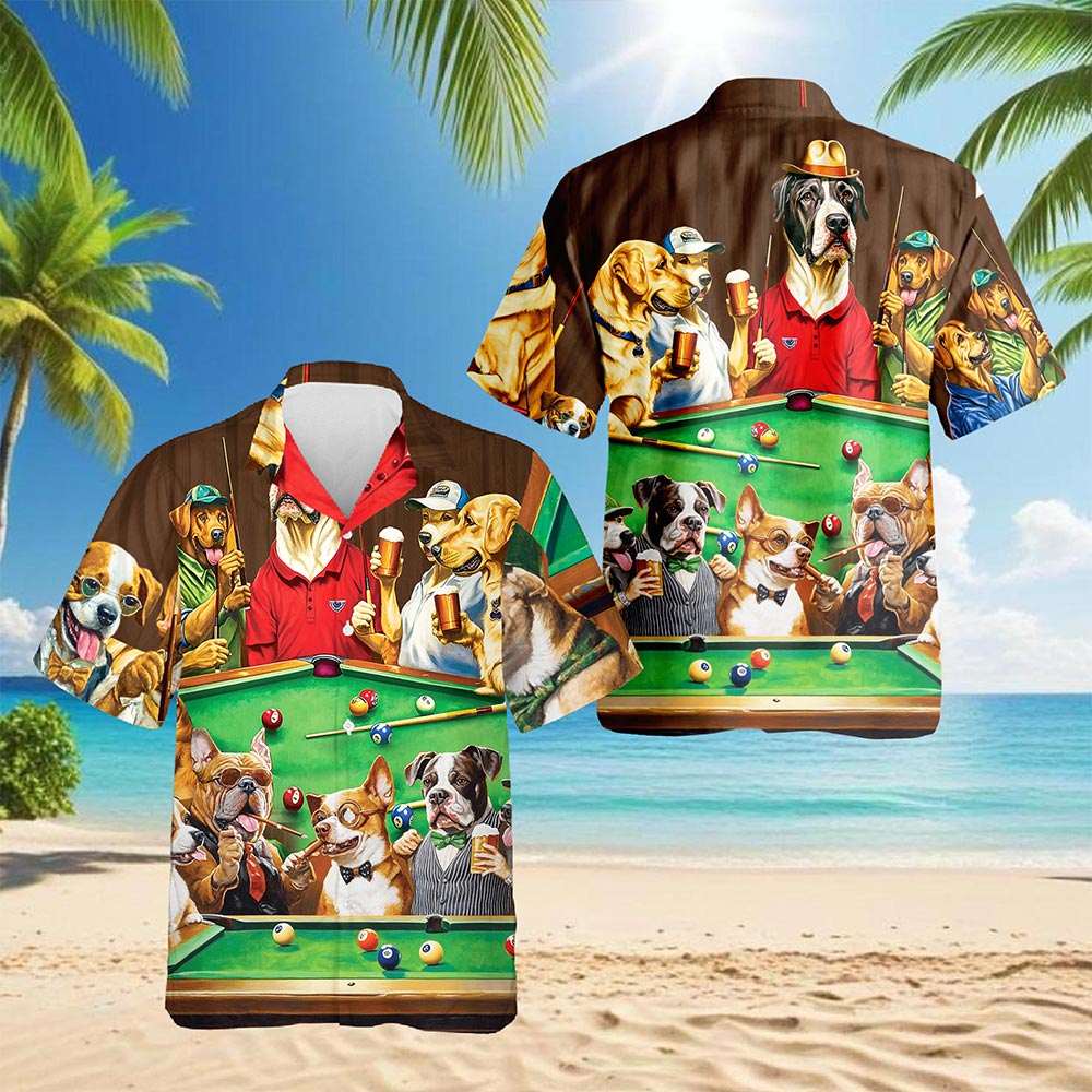 Dogs Playing Billiard Pool Hawaiian Shirt for Men, Button Down Aloha Shirt - Azhawaiian