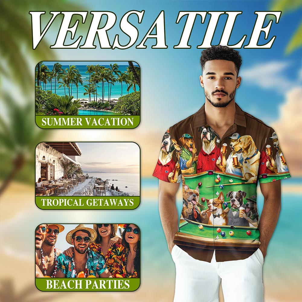 Dogs Playing Billiard Pool Hawaiian Shirt for Men, Button Down Aloha Shirt - Azhawaiian