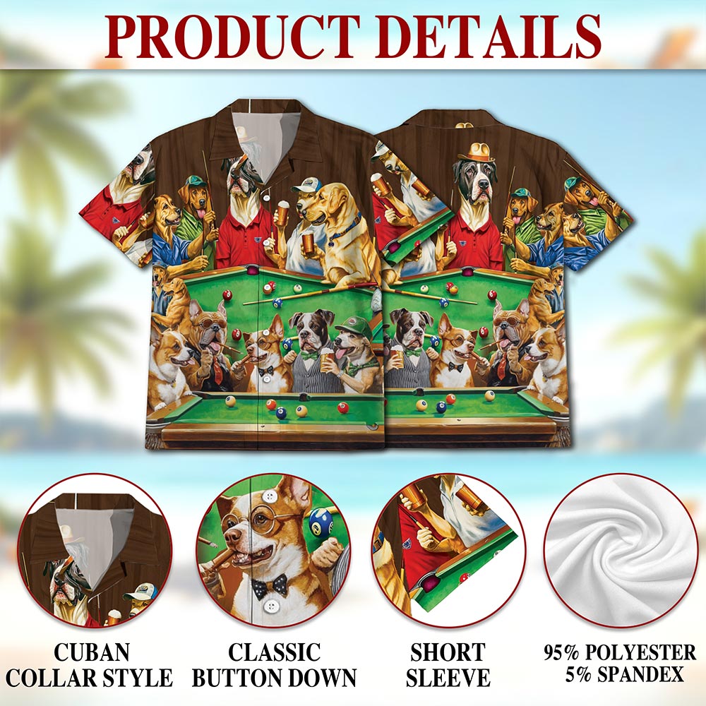 Dogs Playing Billiard Pool Hawaiian Shirt for Men, Button Down Aloha Shirt - Azhawaiian